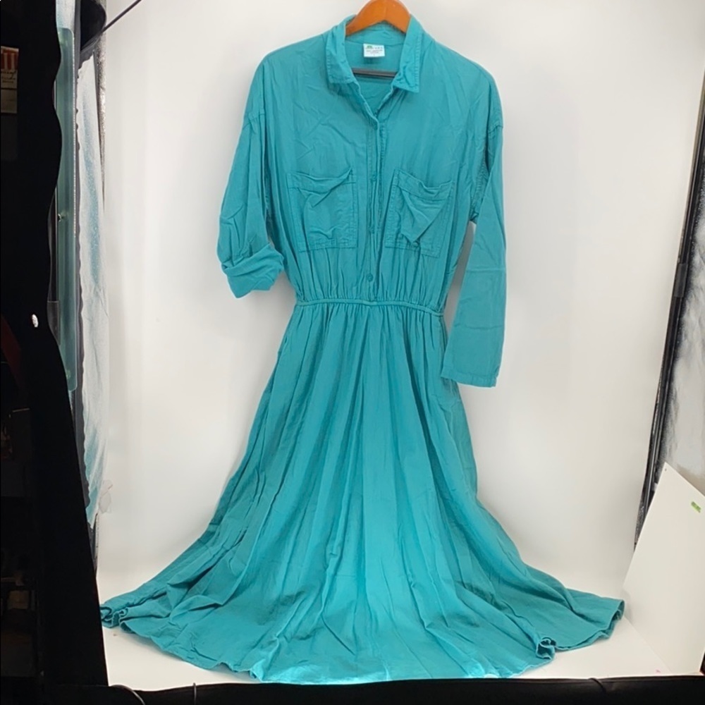 Cotton USA long sleeve dress pockets flare bottom coastal Grandma